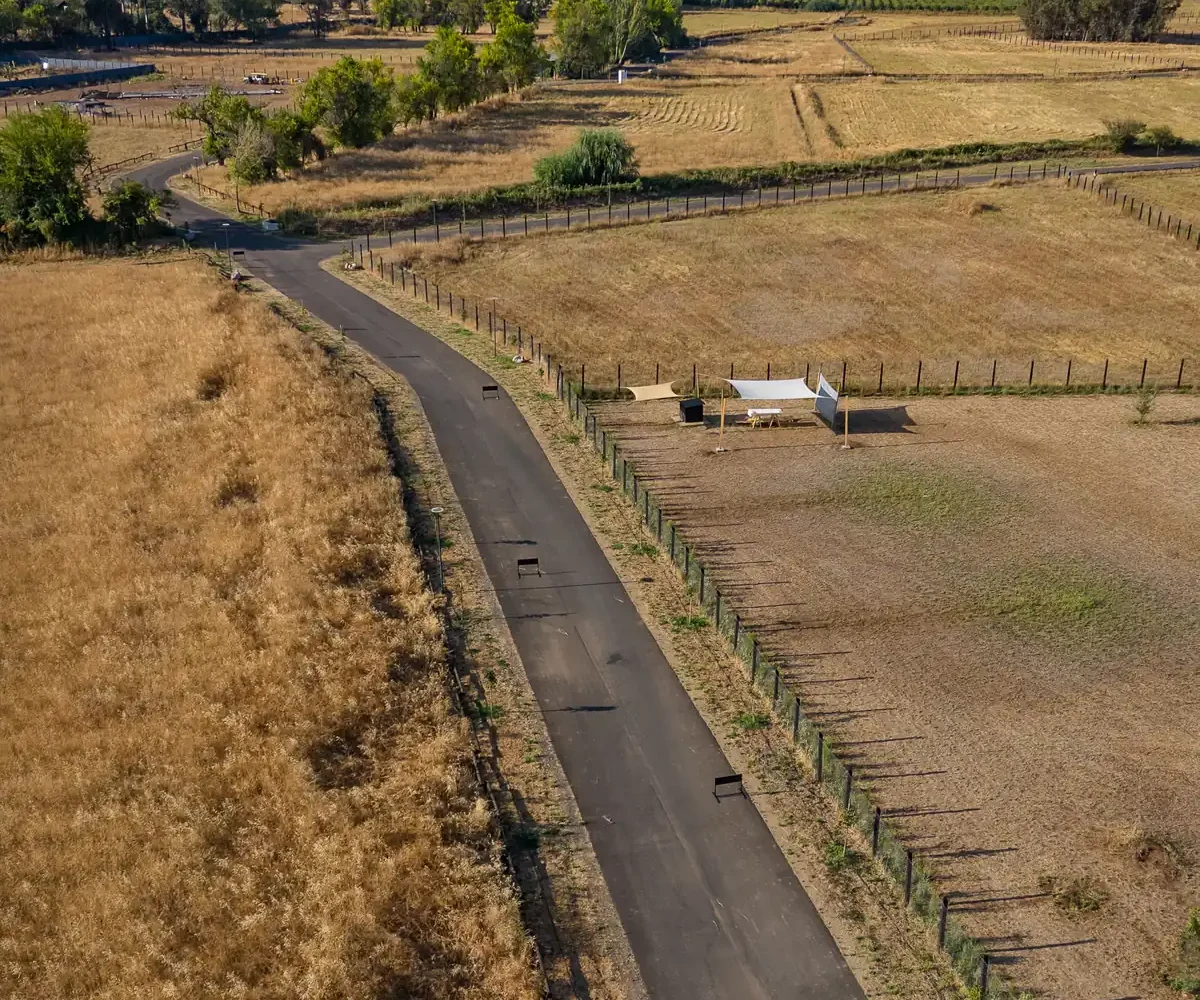 Camino principal del loteo visto desde el aire, con los lotes a ambos lados