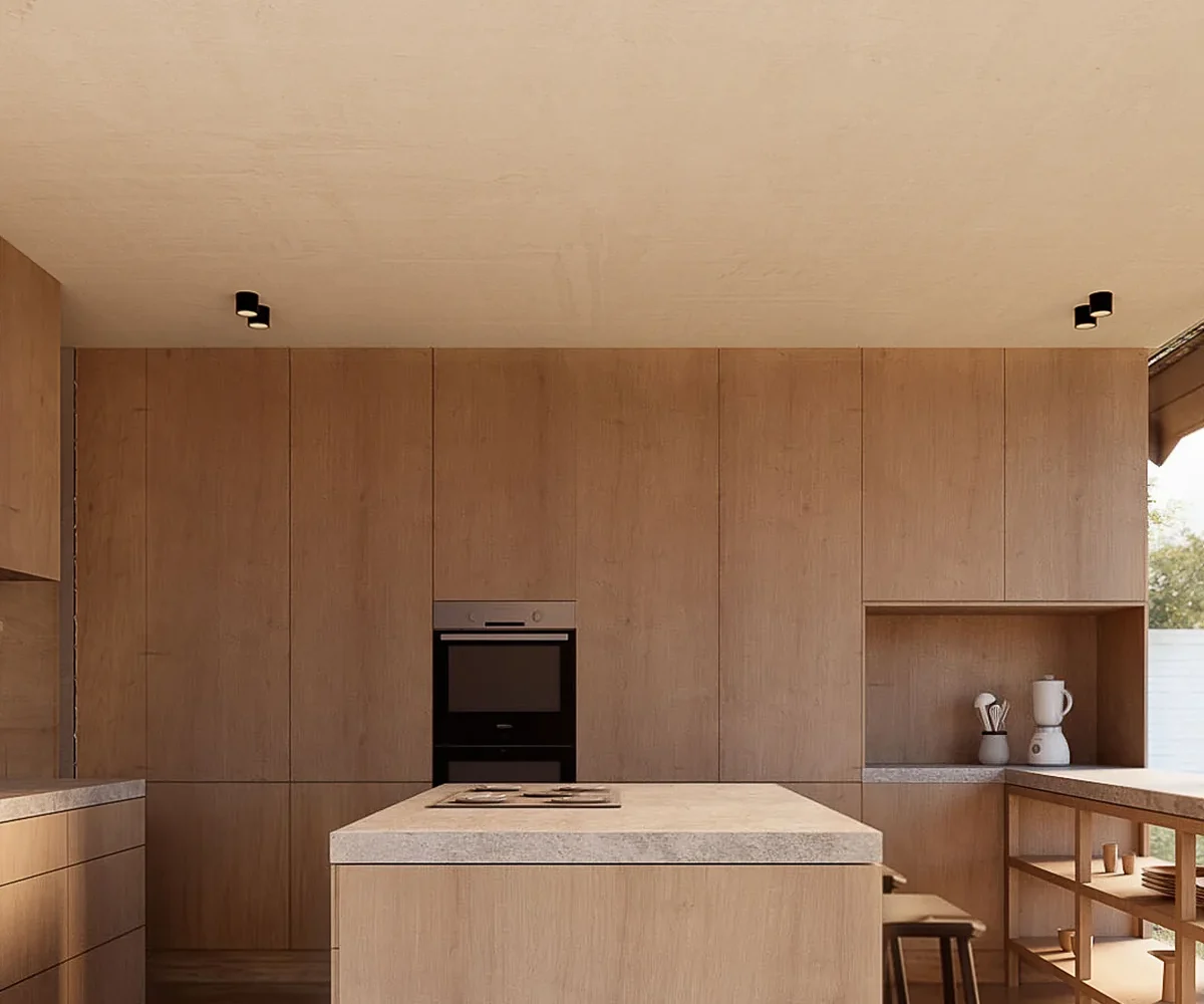 Cocina en madera con isla y cubierta de piedra