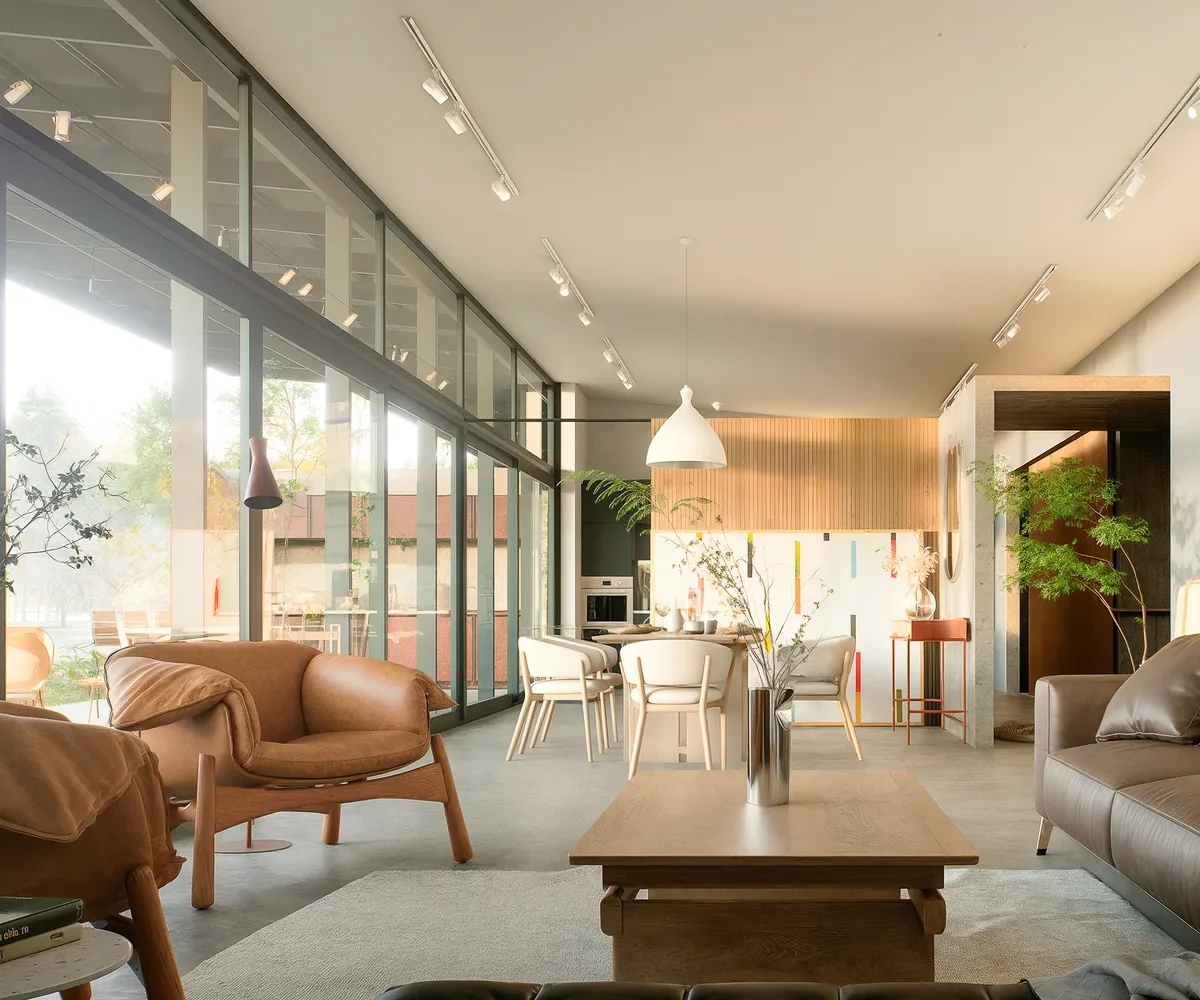 Living comedor con ventanal continuo, cielo alto y vista al jardín