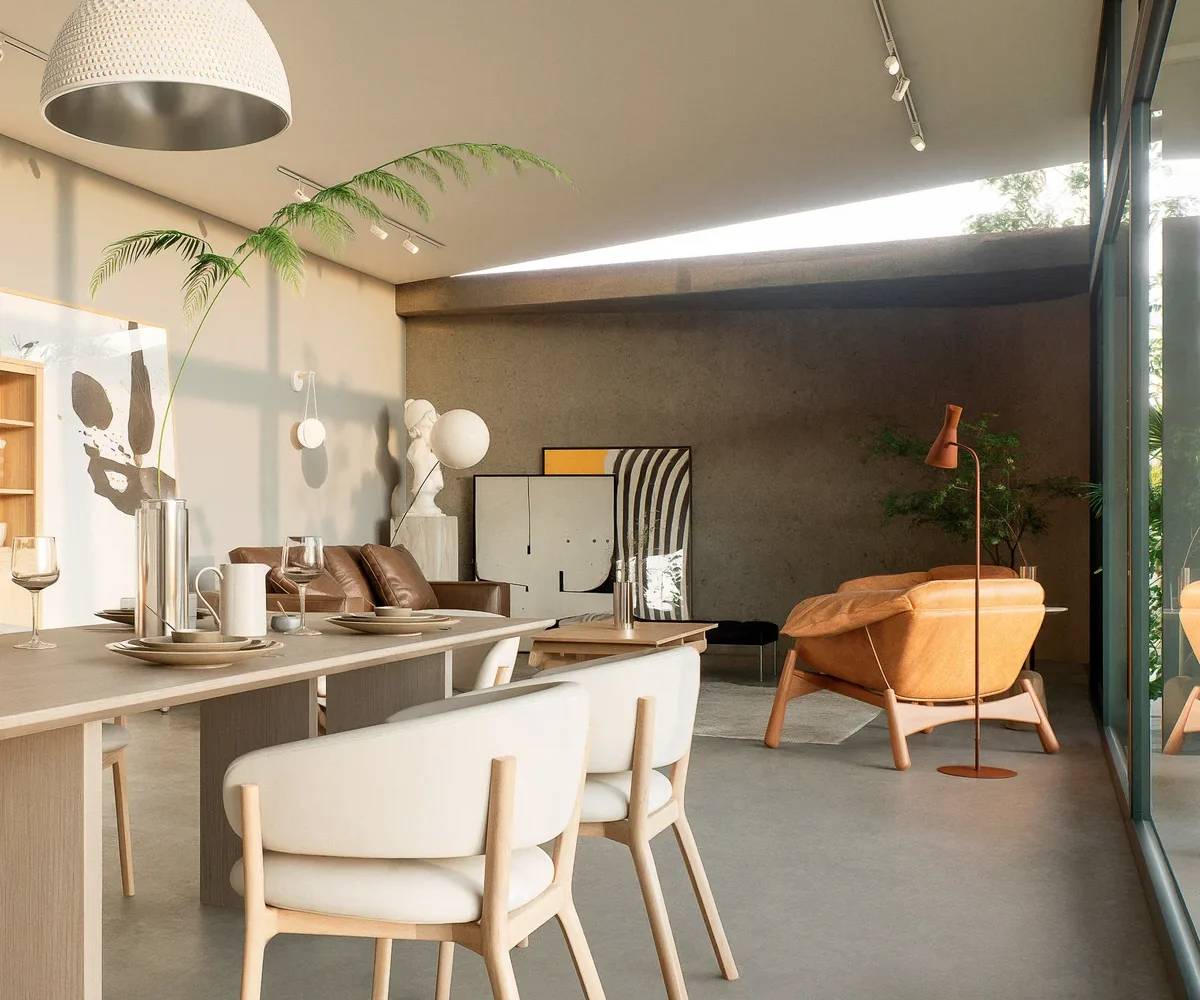 Comedor junto al estar, con lámpara colgante y vista al patio
