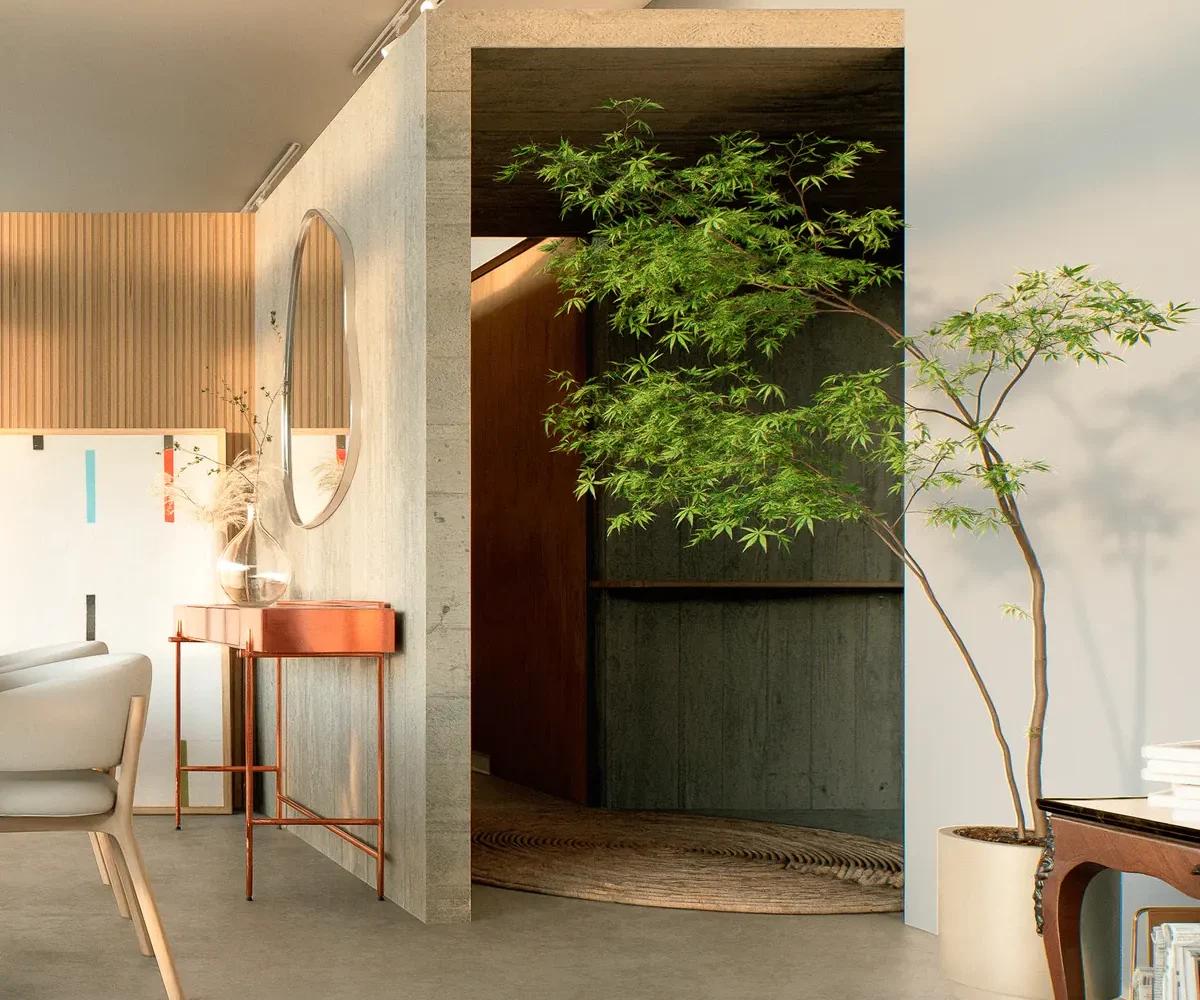 Hall de acceso con patio interior y arce japonés