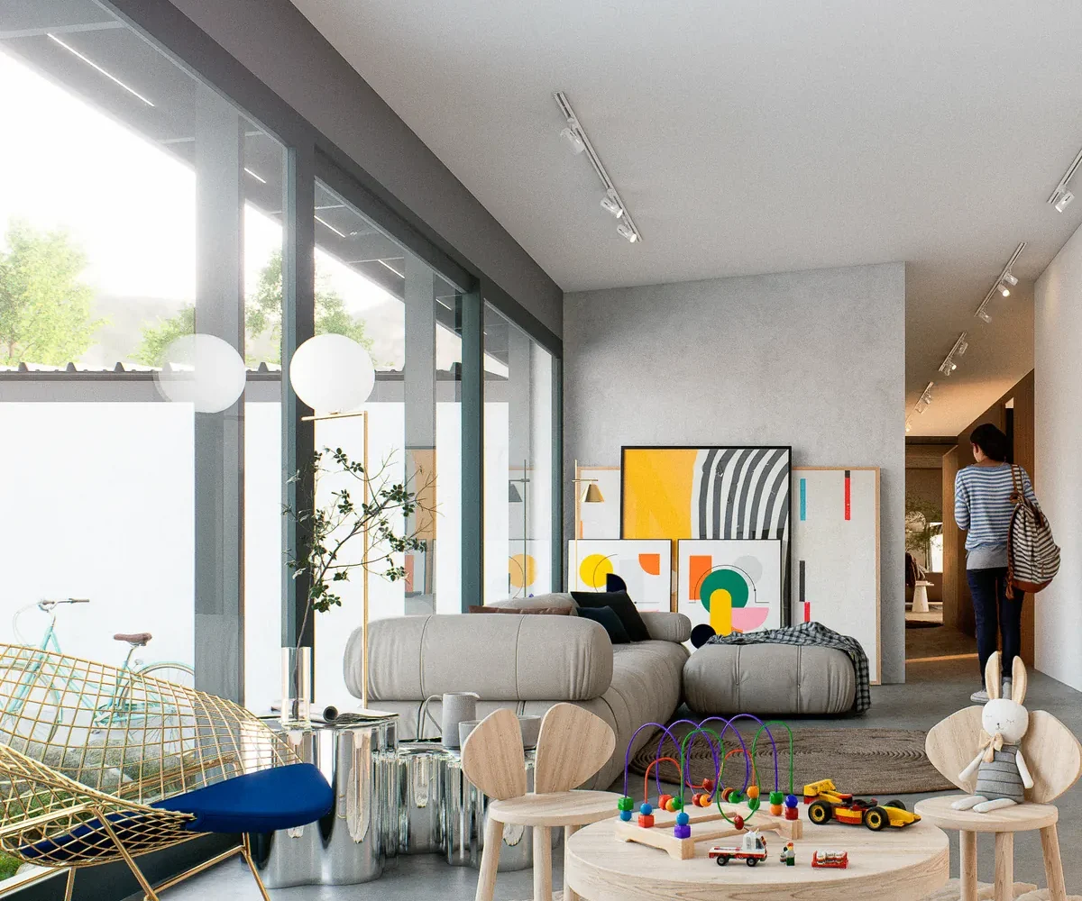 Sala de estar familiar abierta al jardín