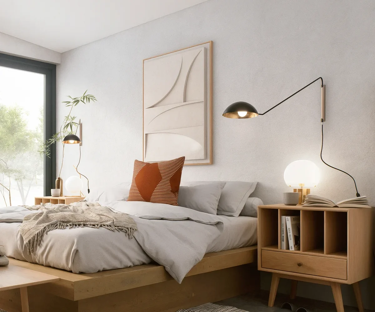 Dormitorio principal con ventanal al campo y muros de estuco claro