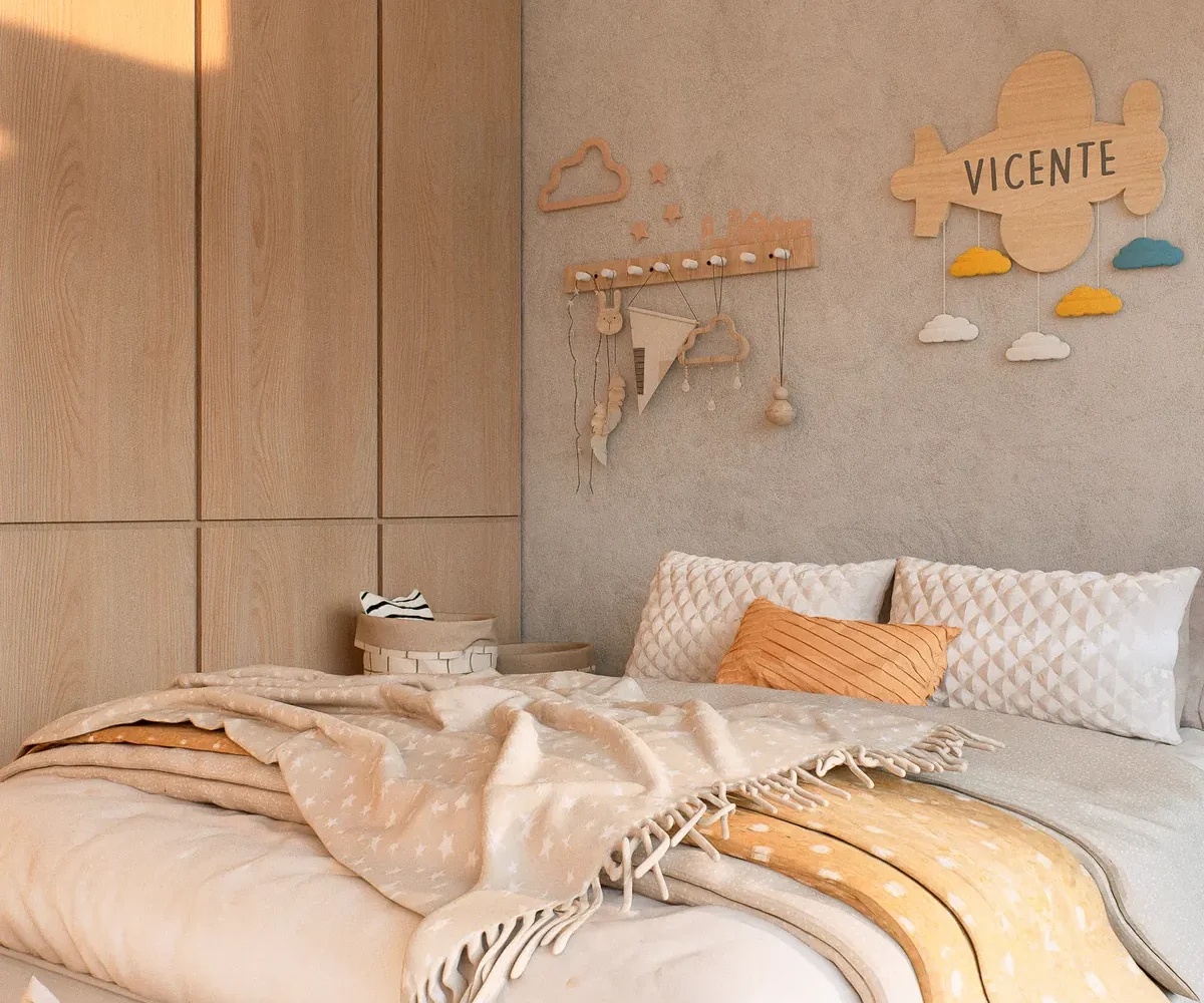 Dormitorio de niños con muebles de madera clara